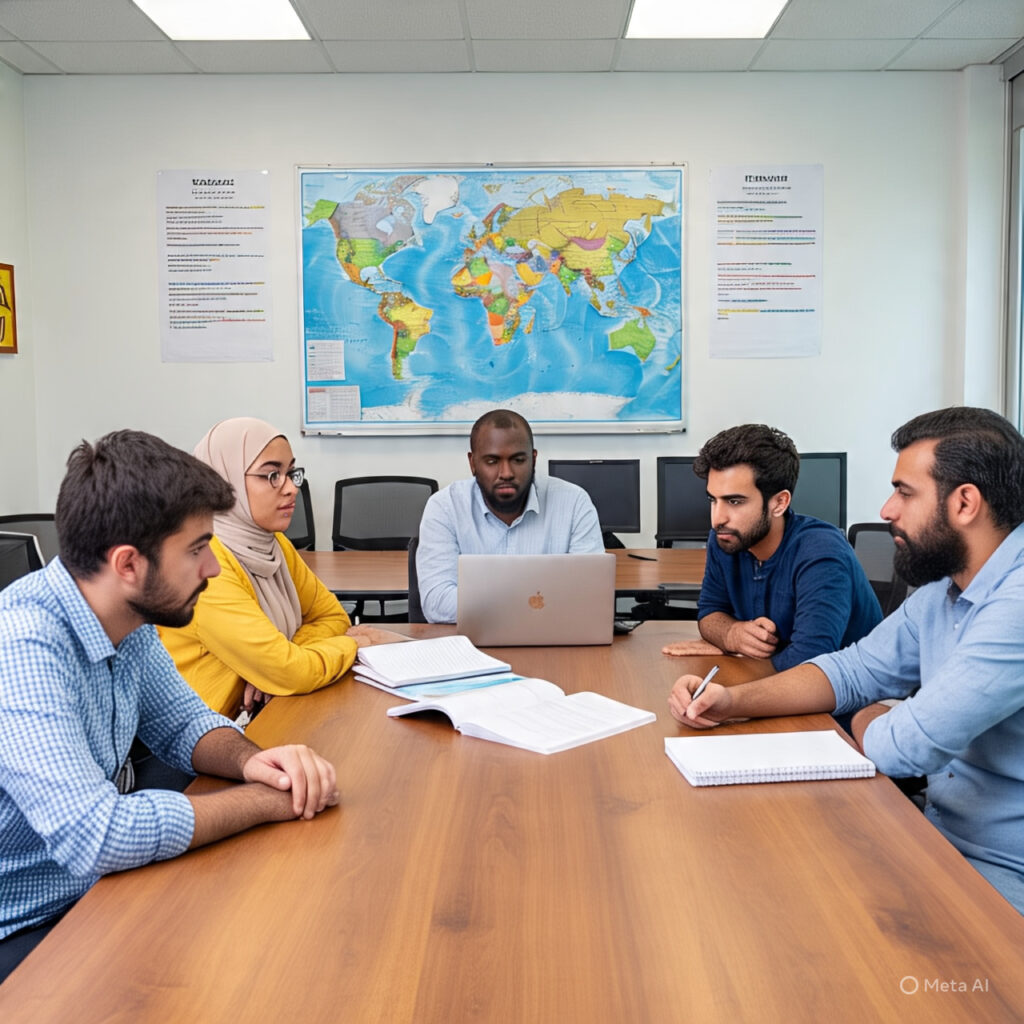 "A diverse group of students and a teacher engaged in a collaborative discussion around a table with open books and a laptop, in a classroom setting with a world map on the wall, symbolizing global education and knowledge sharing."