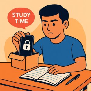 Illustration of a student placing a mobile phone in a box while studying at a desk, symbolizing focus and avoiding mobile distractions.