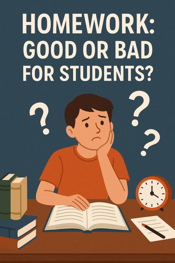 A student doing homework at a desk with books and clock