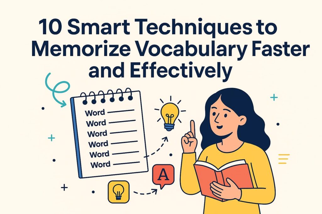 A student sitting at a desk surrounded by floating vocabulary words and learning icons, symbolizing techniques to memorize vocabulary faster.