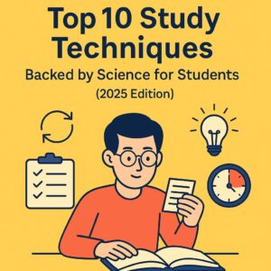 Flat design illustration of a student using study techniques like Pomodoro, active recall, and visual mapping with books and a timer, promoting smart study habits in 2025.