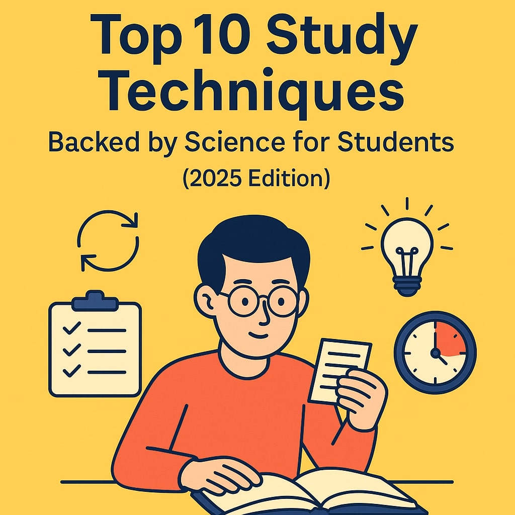 Flat design illustration of a student using study techniques like Pomodoro, active recall, and visual mapping with books and a timer, promoting smart study habits in 2025.
