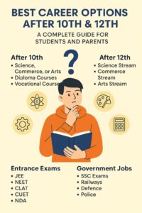 Infographic showing best career options after 10th and 12th including streams, entrance exams, and government jobs for students and parents