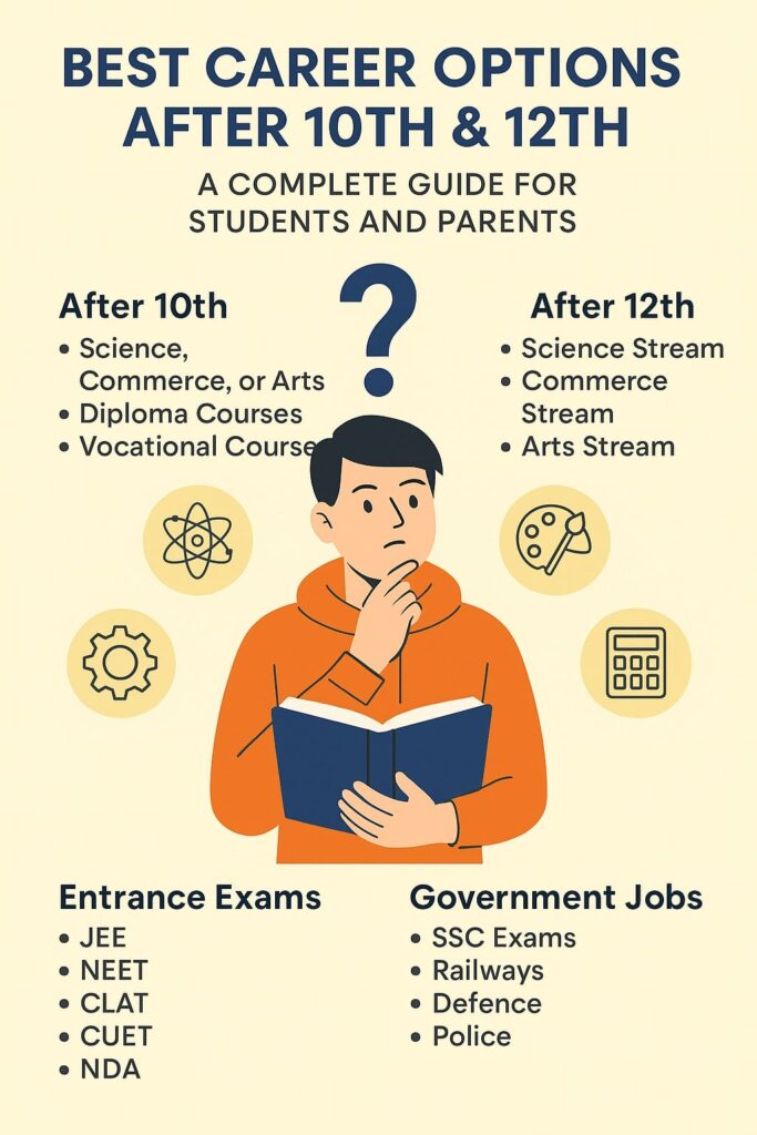 Infographic showing best career options after 10th and 12th including streams, entrance exams, and government jobs for students and parents