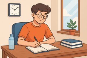 Teenage student studying at home at a clean desk with books, water bottle, and sunlight through the window