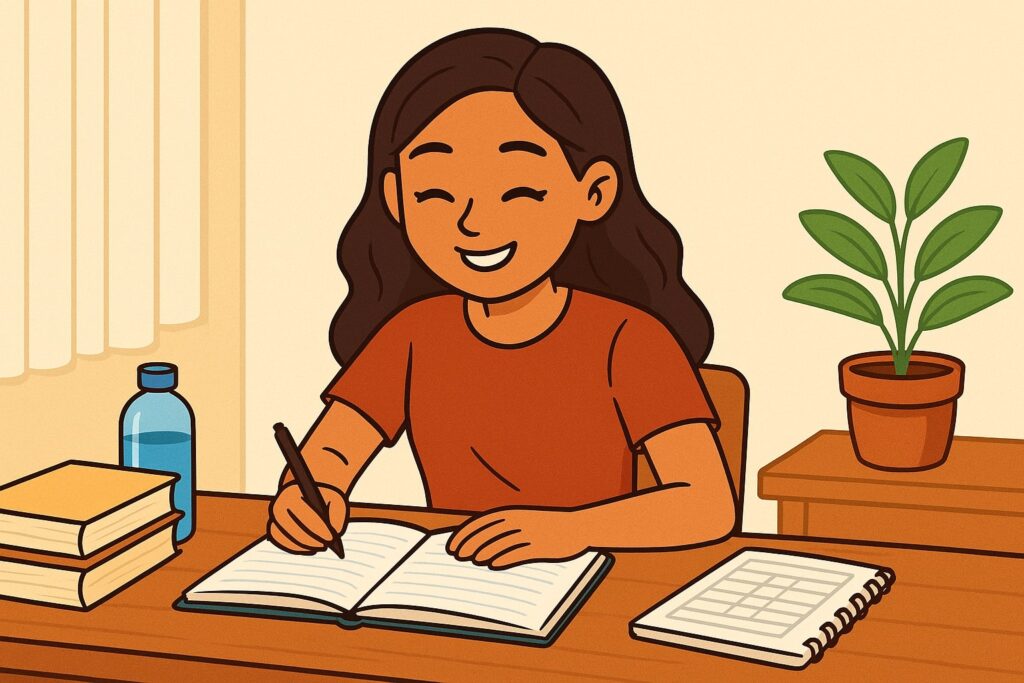 Animated illustration of a happy student studying at a desk with books, a notebook, and a water bottle under natural light.