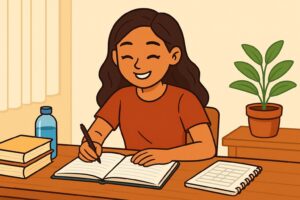 Animated illustration of a happy student studying at a desk with books, a notebook, and a water bottle under natural light.
