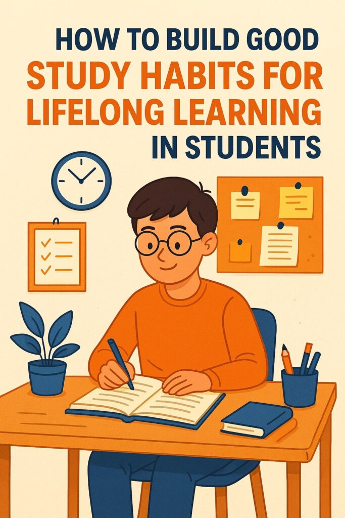 Illustration of a student studying at a desk with educational posters — how to build good study habits for lifelong learning in students.