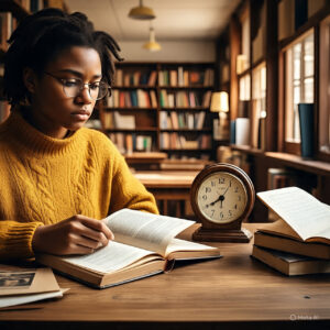 Focused student in a library following a study routine with books and a clock