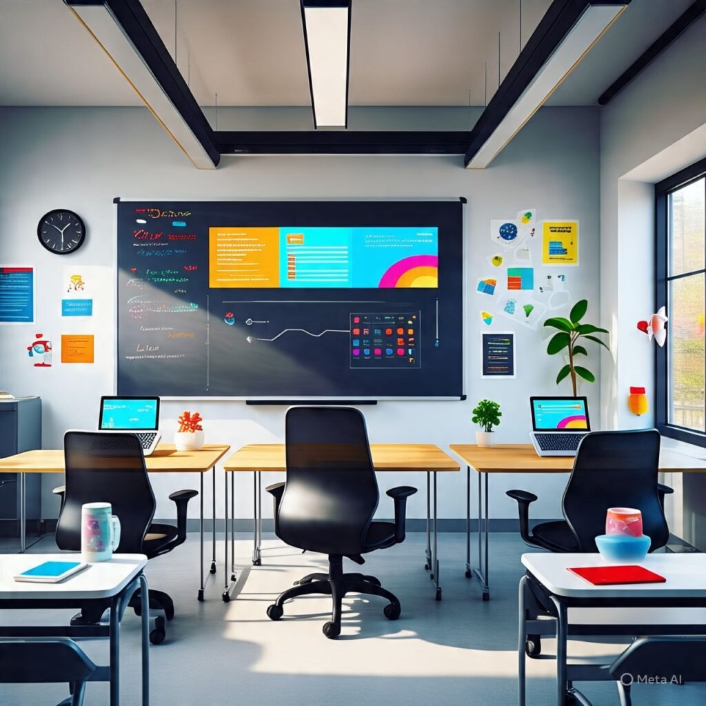 Classroom with AI-powered whiteboard and smart devices”