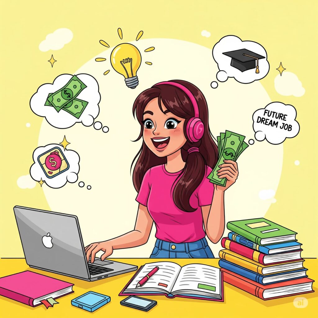 A cartoon girl wearing headphones studying online with books, laptop, and money in hand, surrounded by icons of graduation, house, and cash, with title "Best Online Courses to Earn Money from Home for Students".