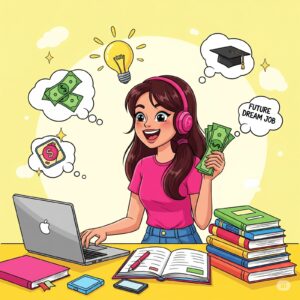 A cartoon girl wearing headphones studying online with books, laptop, and money in hand, surrounded by icons of graduation, house, and cash, with title "Best Online Courses to Earn Money from Home for Students".