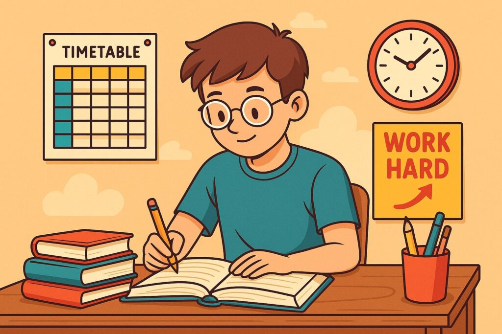 Illustration of a school student studying at a desk with books, a timetable, and a motivational poster — best study tips for school students to get good marks.