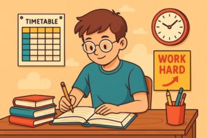 Illustration of a school student studying at a desk with books, a timetable, and a motivational poster — best study tips for school students to get good marks.