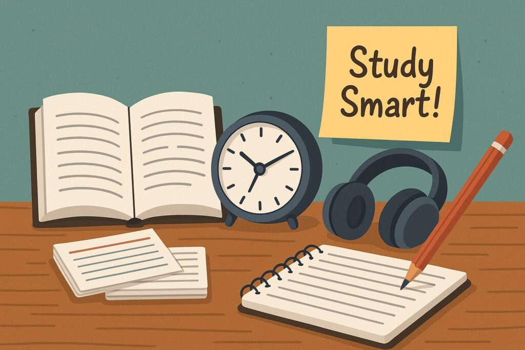 A school student using creative learning techniques with books, sticky notes, and a recall notebook