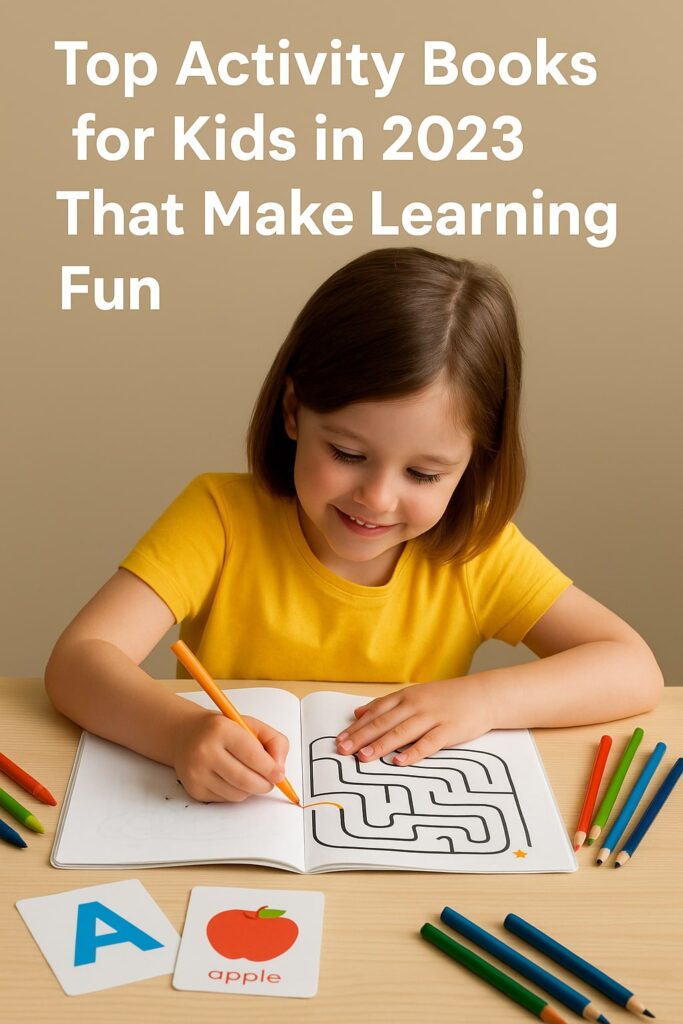 A happy young girl solving puzzles in a colorful activity book, surrounded by crayons and learning tools