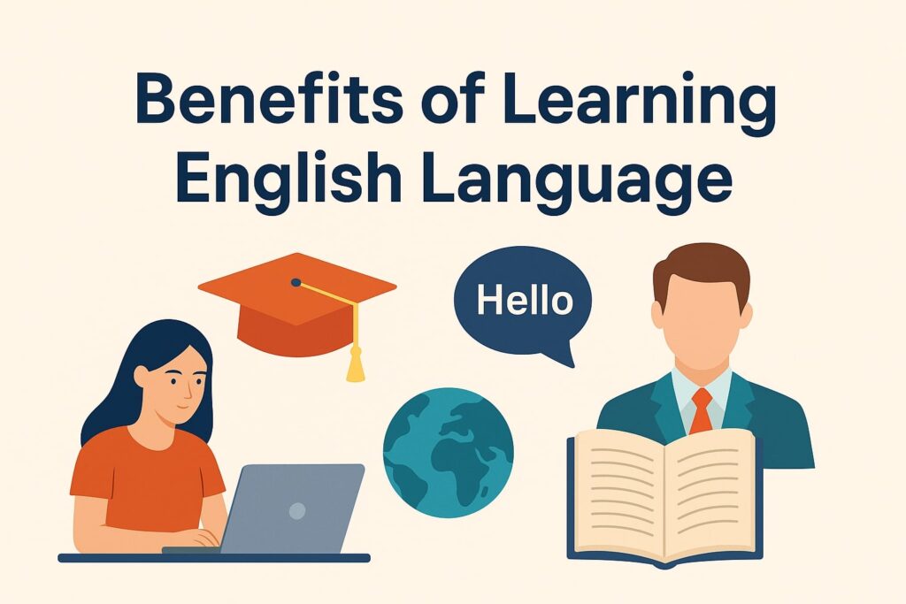 Illustration showing benefits of learning English language including education, communication, career, and global skills.