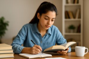 How to improve reading skills – student reading book and taking notes